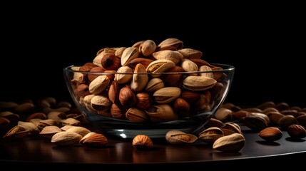 Wall Mural -  a glass bowl filled with nuts sitting on top of a table next to a pile of nuts on top of a table.