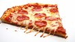 © Dilawar Meharban - A pepperoni pizza slice captured as if in slow motion, showing individual cheese strands stretching, set against a clean white background