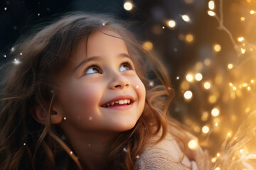 A child rejoices at the Christmas garlands. The girl looks up at the fairy-tale sky. Concept: children and festive mood.