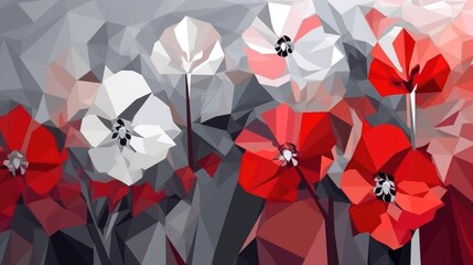 Poster - Gray-white-red abstract background of flowers in the style of low-poly graphics. AI generative.