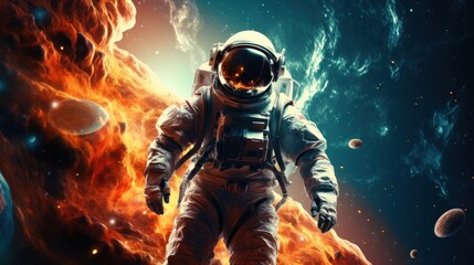Wall Mural - vibrant astronaut in space, surrounded by cosmic wonders, offering ample copy space for text