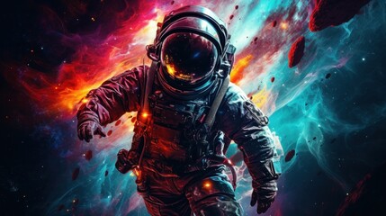 Wall Mural - vibrant astronaut in space, surrounded by cosmic wonders, offering ample copy space for text