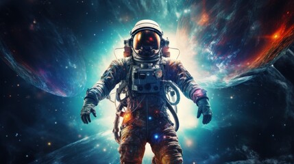 Wall Mural - vibrant astronaut in space, surrounded by cosmic wonders, offering ample copy space for text