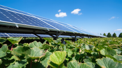 Sticker - field of lettuce with rows of solar panels installed above, representing a modern approach to sustainable agriculture and clean energy