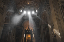View Of St. Peter’s Basilica Interior With Rays Of Light Falling On Altar