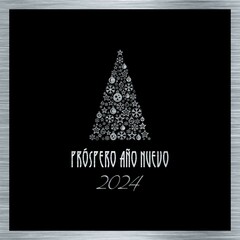 Sticker - Silver and black squared wish card new year 2024 written in spanish with a christmas tree with balls and snowflakes	