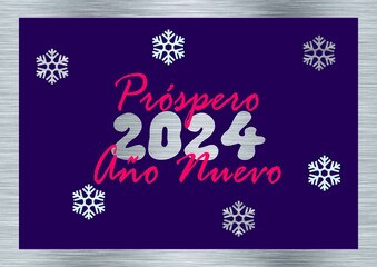 Wall Mural - Silver and purple greeting card Happy New Year 2024 written in spanish in pink with snowflakes	