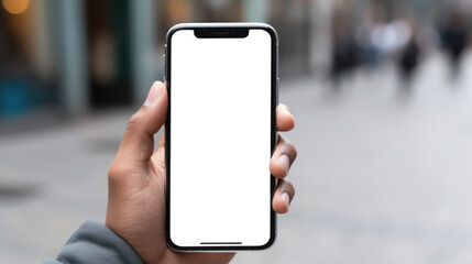 Canvas Print - Overhead view of a person's hands holding a smartphone with a blank white screen