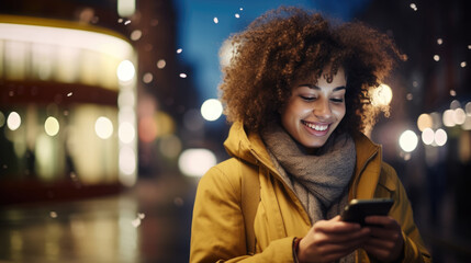 Poster - A woman uses a cell phone on a city street at night