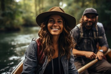 Wall Mural - A stylish woman in a sun hat smiles from a canoe as she glides through the tranquil river, while her companion paddles beside her