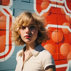 Canvas Print - A stylish woman stands confidently in front of a red building, her human face adorned with fashion accessories, showcasing her unique sense of style