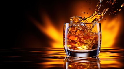 Poster - A glass of whiskey with ice and a splash on fire, AI