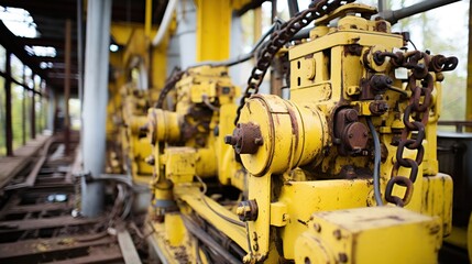 Poster - A close up of a yellow machine with chains on it, AI