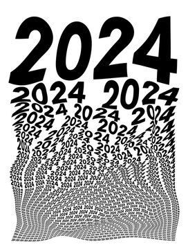Black and white distorted background composed of 2024 decreasing words.