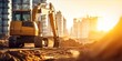 At a construction site on a sunny evening, an industrial excavator drives with purpose, as a skilled operator orchestrates the completion of work tasks