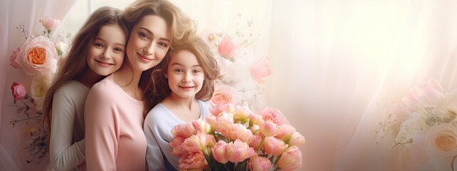 Mother's Day. Mother hugging her two daughters next to a bouquet of flowers