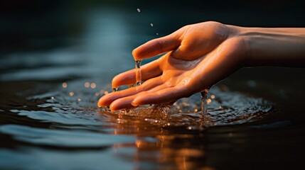 Canvas Print - A person's hand is touching water in a pool, AI