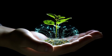 A gentle hand cradles a genetically modified seedling, surrounded by a realm of digital information, exemplifying the cutting-edge synergy of technology