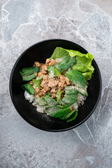 Canvas Print - Salad Laap Gai minced chicken, rice, onion, lettuce, cilantro, chili and mint.