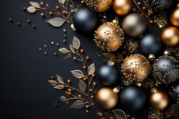 Wall Mural - Fancy golden and black christmas background with ornaments. Greeting card mockup