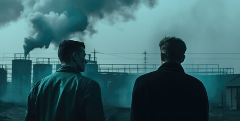 Two men standing on the background of a factory and smoke coming out of pipes, AI generated