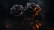 Dark mourning roses on black background, web banner. Mourning moody flowers card. Funeral symbol of grief. Mood and Condolence card concept