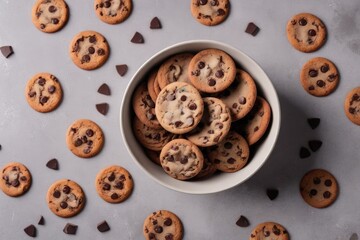 flat lay cookies chocolate chips bowl