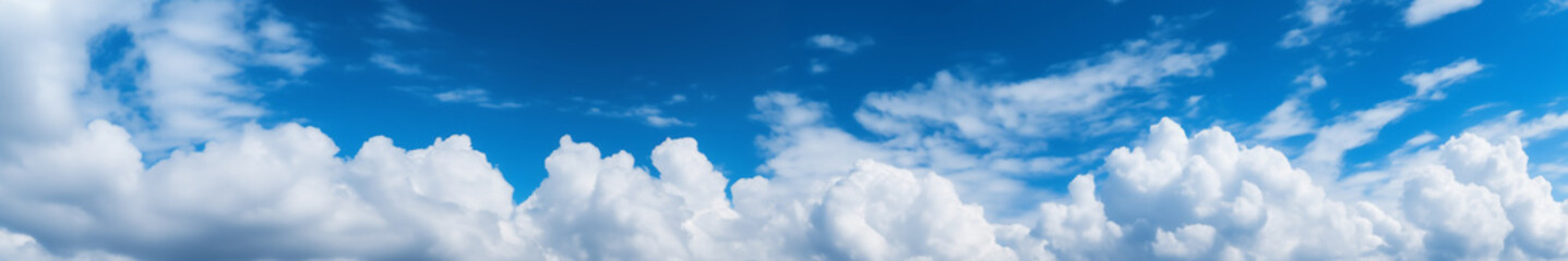 Panoramic view of a blue sky with white fluffy clouds as the backdrop.