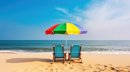 Two empty seats under a multicolored rainbow umbrella stand on a sandy beach against the background of beautiful blue sea