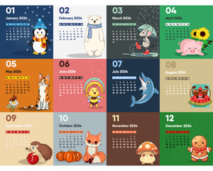 Aufkleber - A set of 12 funny and funny characters, and 12 calendar pages for 2024. Set selection with a monthly calendar for 12 months of 2024. Beautiful illustrations on every page.