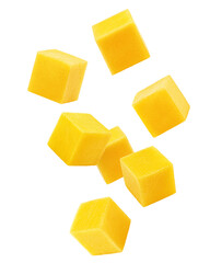Wall Mural - falling mango cube isolated on white background, clipping path, full depth of field