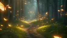 A Mystical Forest Path Illuminated By Ethereal Glowing Lights