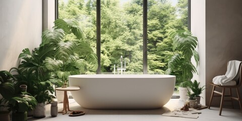 Wall Mural - Modern bathroom with rustic decorations, white bathtub, panoramic windows, and green plants.