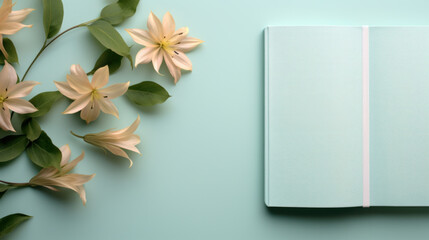 Canvas Print - A book and flowers on a blue background with white paper, AI