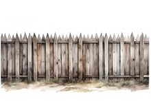 Watercolor Illustration Wooden Fence Made Of Planks Isolated On White Background