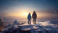 Two Children Standing In The Snow Watching The Moon From The Cliff