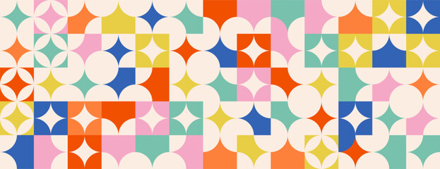 Poster - Geometric background in bauhaus style. Naive colorful abstract seamless pattern. Vector isolated flat illustration for poster, cover artwork, background, packing, banner.