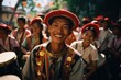 A man in traditional attire with a broad smile plays a drum, surrounded by others in vibrant cultural dress, likely part of a celebration or performance at the chinese Festival