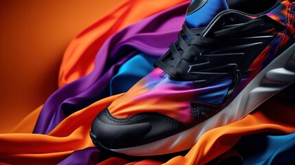 Canvas Print - A close up of a colorful shoe on top of some fabric, AI