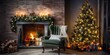 © Lasvu - Christmas interior decoration with a green tree, wooden rocking chair, lights, fireplace, and room decor.