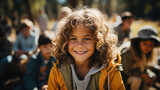 Fototapeta  - happy child in children's summer camp, boy, girl, tent, forest, scout, tourism, travel, hike, kid, schoolboy, student, vacation, trip, joyful face, emotional portrait, trees, smile, fun, sunny, wood
