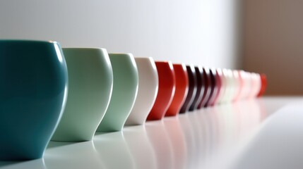 Fototapete - A row of colorful cups lined up on a white counter, AI