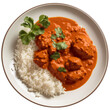 Top view of chicken tikka masala spicy curry meat with rice isolated on a transparent background. Indian cuisine