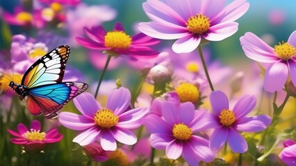 Wall Mural - spring vibrant nature with flowers and insect photo realistic wallpaper