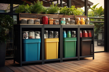 Canvas Print - A home recycling station with bins for different materials, encouraging responsible waste management. Concept of sustainable living practices. Generative Ai.