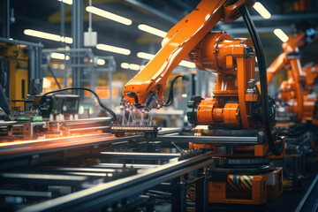 Poster - the manufacturing phase, with machines and assembly lines producing the product at scale. concept of
