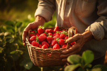 Poster - A farmer inspecting a basket of freshly harvested strawberries, highlighting the dedication to quality and freshness in agriculture. Generative Ai.