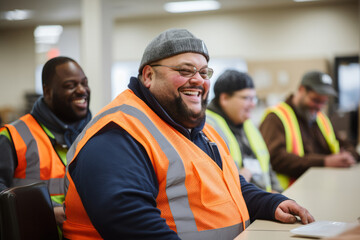 Workers working together in a large modern co-working space.