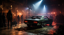 Crowd Gathered Around A Classic Car On A Film Set At Night, Illuminated By Dramatic Spotlights.