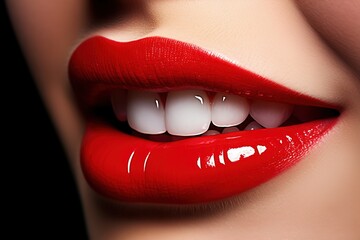 Wall Mural - Extreme close-up of beautiful woman smile with red lips and perfect white teeth